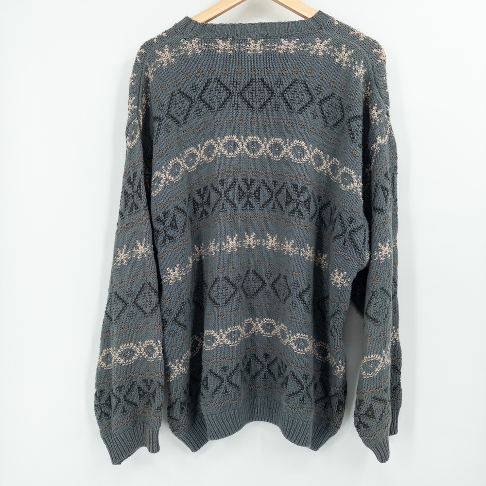 Vintage Eddie Bauer Knit Sweater Mens Large 90s Oversized Fair Isle Grandpa Gray - Picture 9 of 10